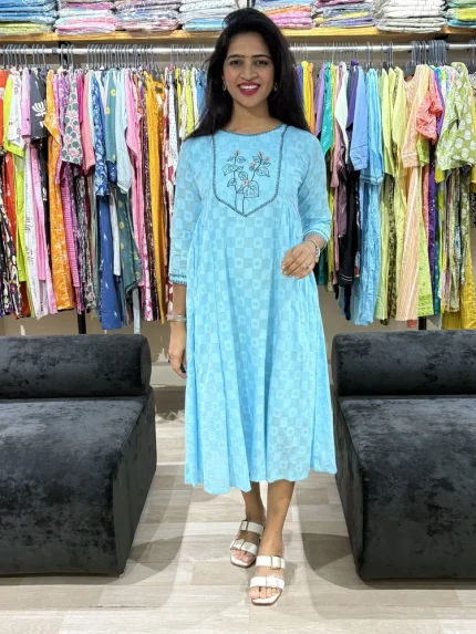 Sky Blue Embroidered A-Line Dress