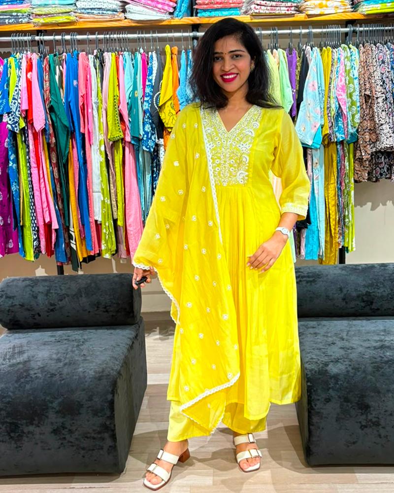 Sunshine Yellow Embroidered Anarkali Suit Set