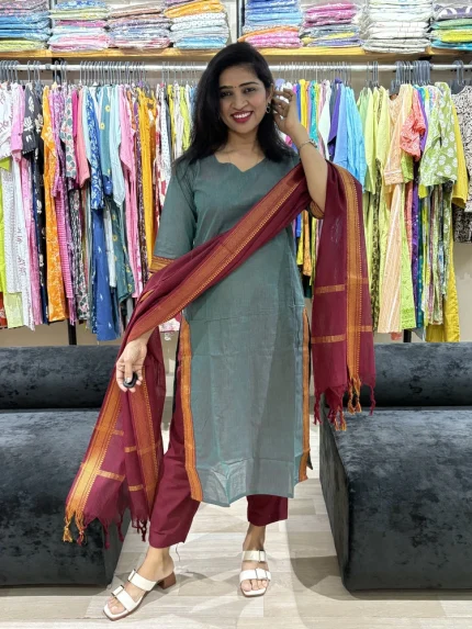 Teal Green Kurta Pant Set with Contrast Dupatta