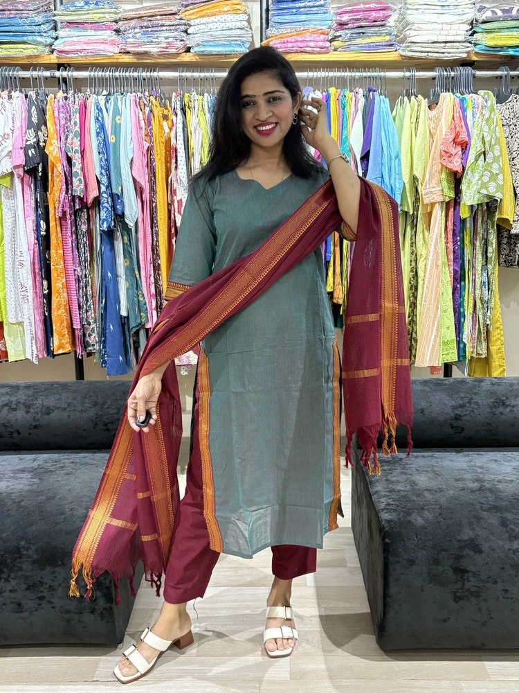 Teal Green Kurta Pant Set with Contrast Dupatta