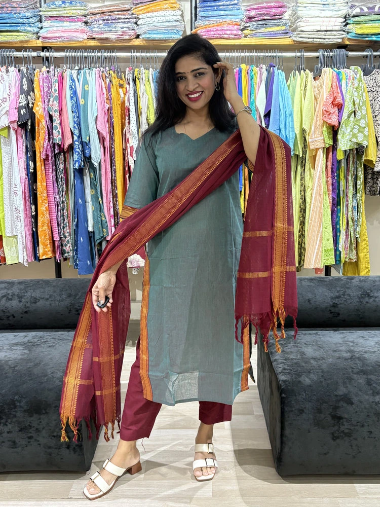 Teal Green Kurta Pant Set with Contrast Dupatta