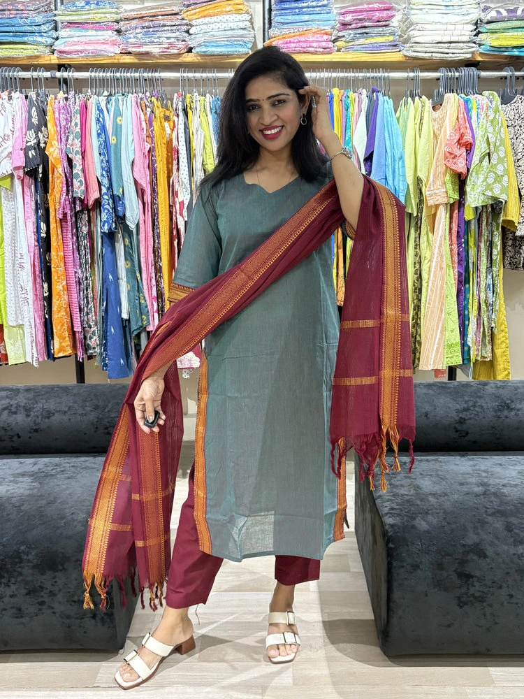Teal Green Kurta Pant Set with Contrast Dupatta