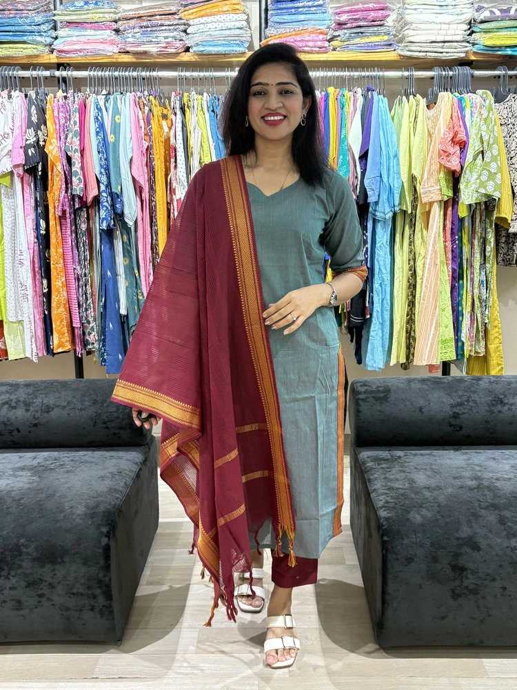 Teal Green Kurta Pant Set with Contrast Dupatta