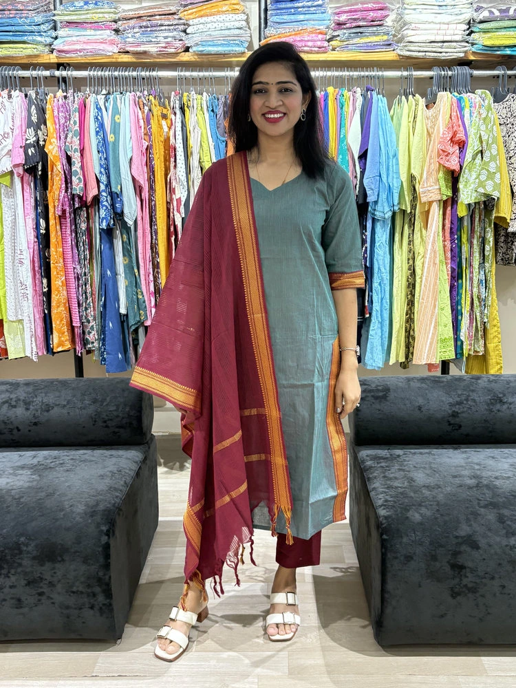 Teal Green Kurta Pant Set with Contrast Dupatta