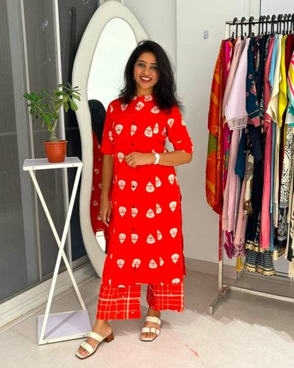 Vermilion Orange Floral Printed Kurta Palazzo Set