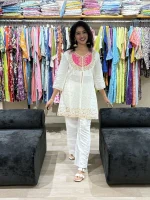 White Embroidered and Moti Work Kurta Palazzo Set