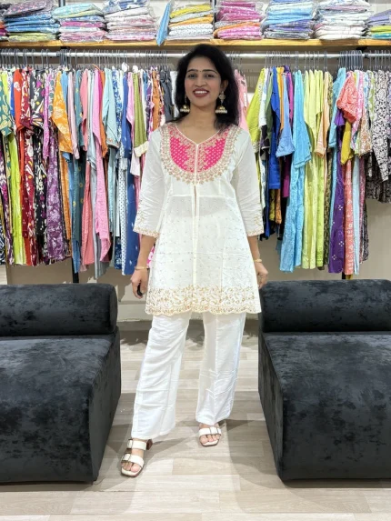 White Embroidered and Moti Work Kurta Palazzo Set