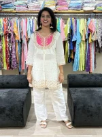 White Embroidered and Moti Work Kurta Palazzo Set