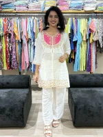 White Embroidered and Moti Work Kurta Palazzo Set
