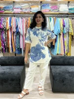 White with Blue Floral Printed Designer Co-ord Set