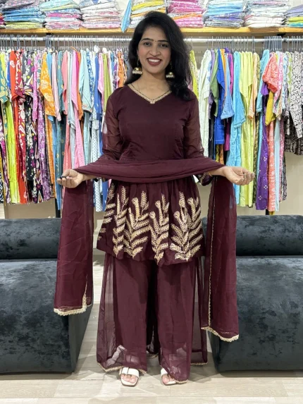 Wine Embroidered Peplum Kurta Sharara Set with Dupatt