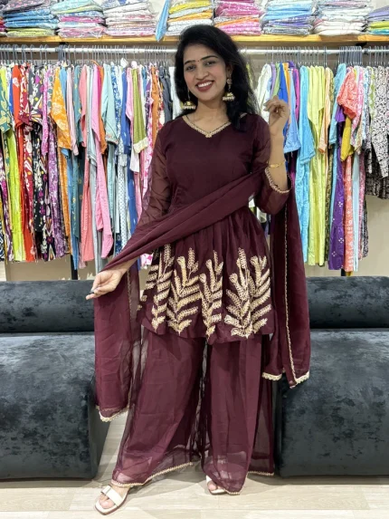 Wine Embroidered Peplum Kurta Sharara Set with Dupatt