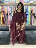 Wine Embroidered Peplum Kurta Sharara Set with Dupatt