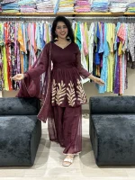 Wine Embroidered Peplum Kurta Sharara Set with Dupatta