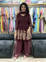 Wine Embroidered Peplum Kurta Sharara Set with Dupatta
