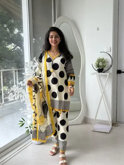 Ivory Polka Dot Printed Suit Set with Dupatta