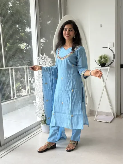 Sky Blue Floral Embroidered Suit Set