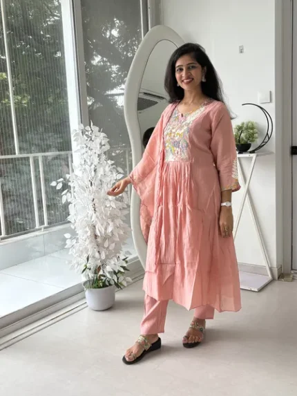 Peach Embroidered Flared Suit Set