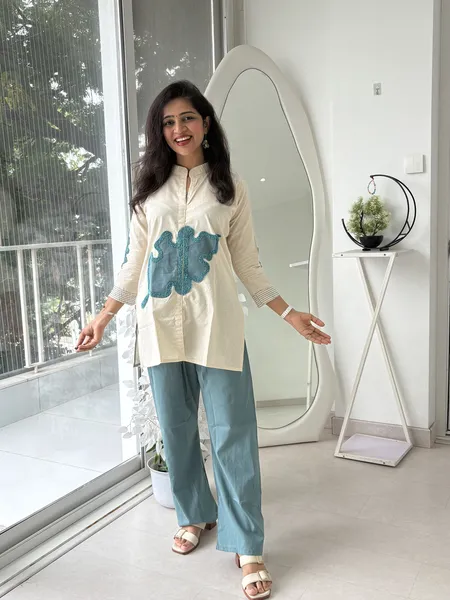 Ivory & Teal Cotton Flex Co-Ord Set