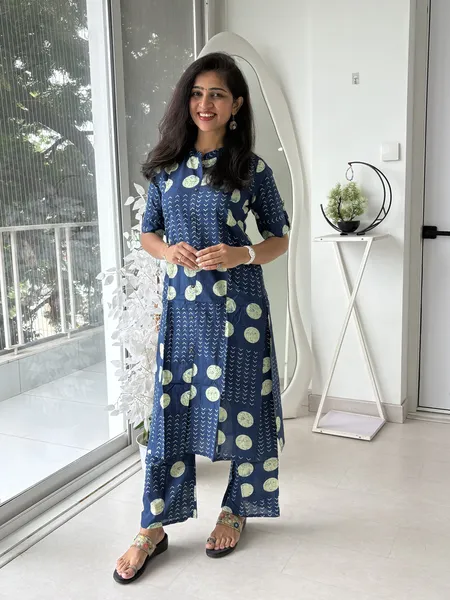 Navy Blue Printed Cotton Pair Set