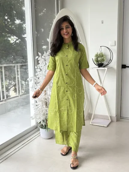 Olive Green Circular Print Cotton Pair Set