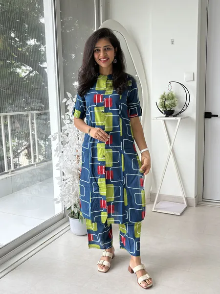 Navy Blue Geometric Printed Cotton Pair Set