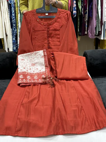 Rust Orange Embellished Roman Silk Anarkali Suit Set