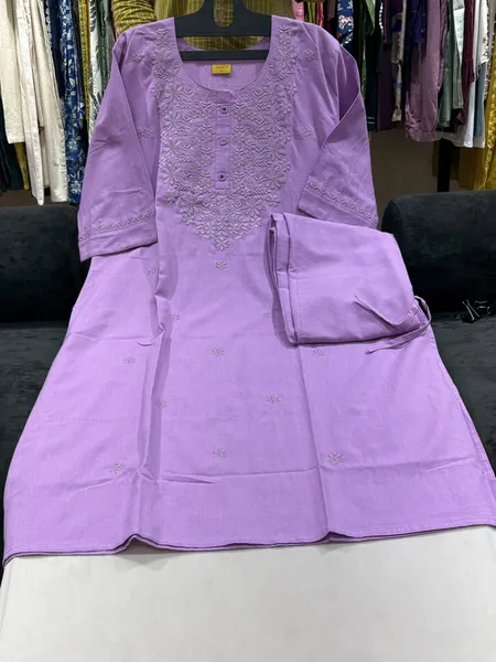 Lavender Cotton Flex Lakhnavi Work Kurta with Palazzo