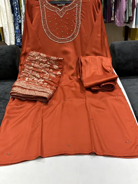 Rust Orange Embellished Silk Suit Set