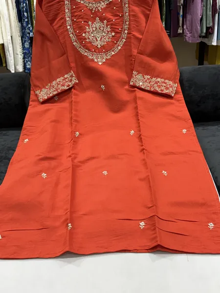 Trendy Orange Roman Silk Embroidered Suit Set