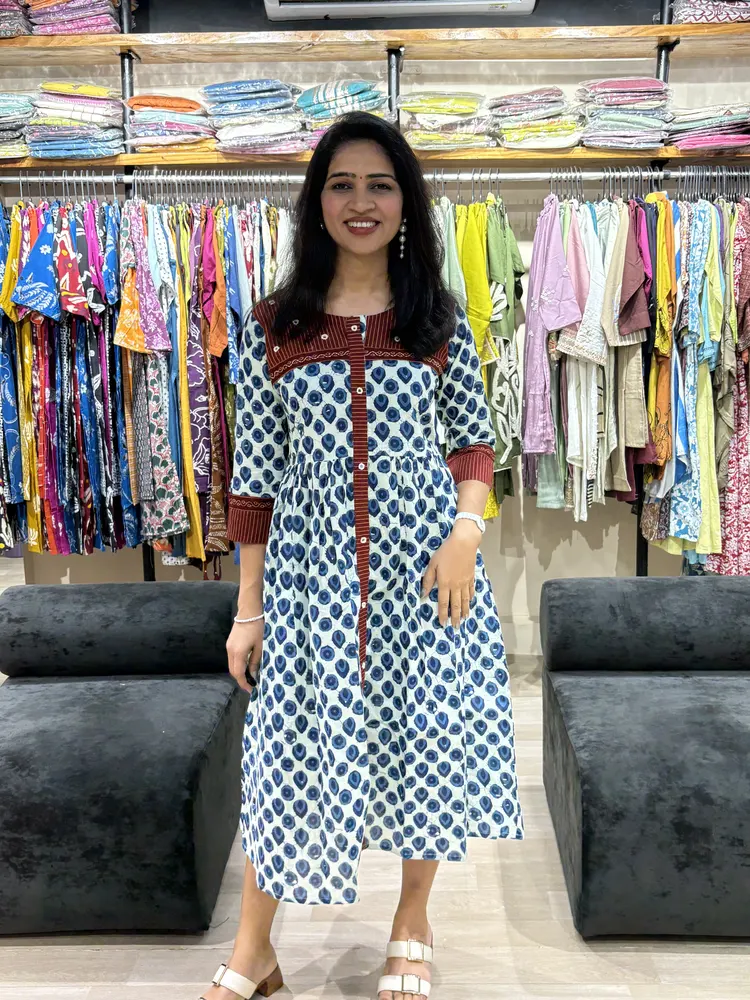Indigo Hand Block Print Flared One Piece Dress - Image 2