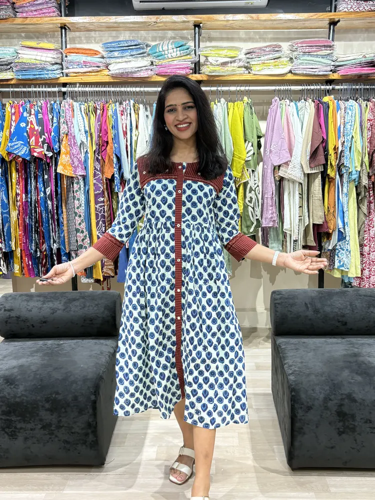 Indigo Hand Block Print Flared One Piece Dress - Image 3