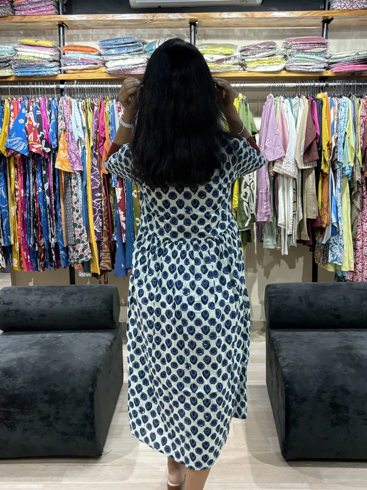 Indigo Hand Block Print Flared One Piece Dress - Image 4