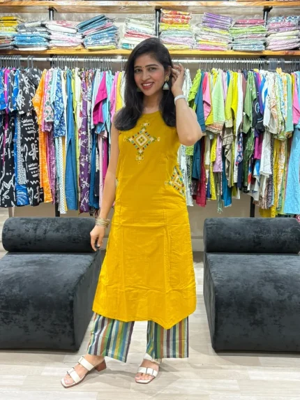 Mustard Embroidered Cotton Pair Set