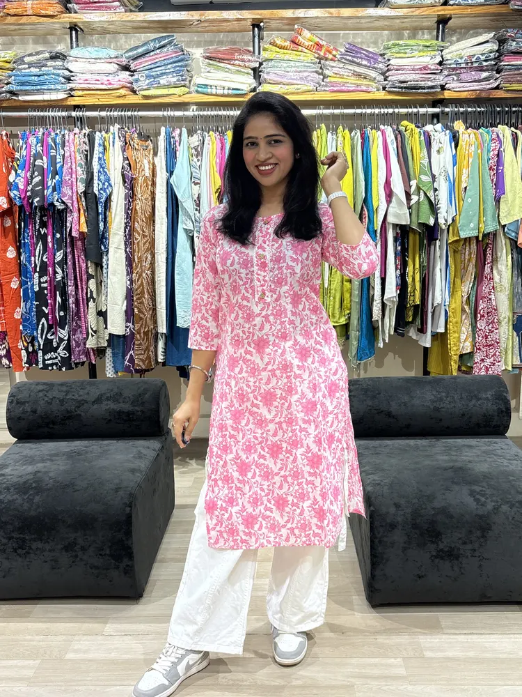 Pink Floral Cotton Kurti - Image 2