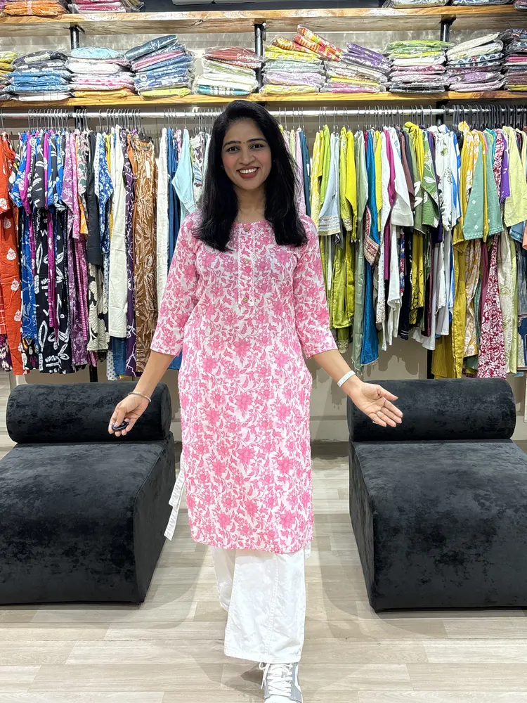 Pink Floral Cotton Kurti - Image 4