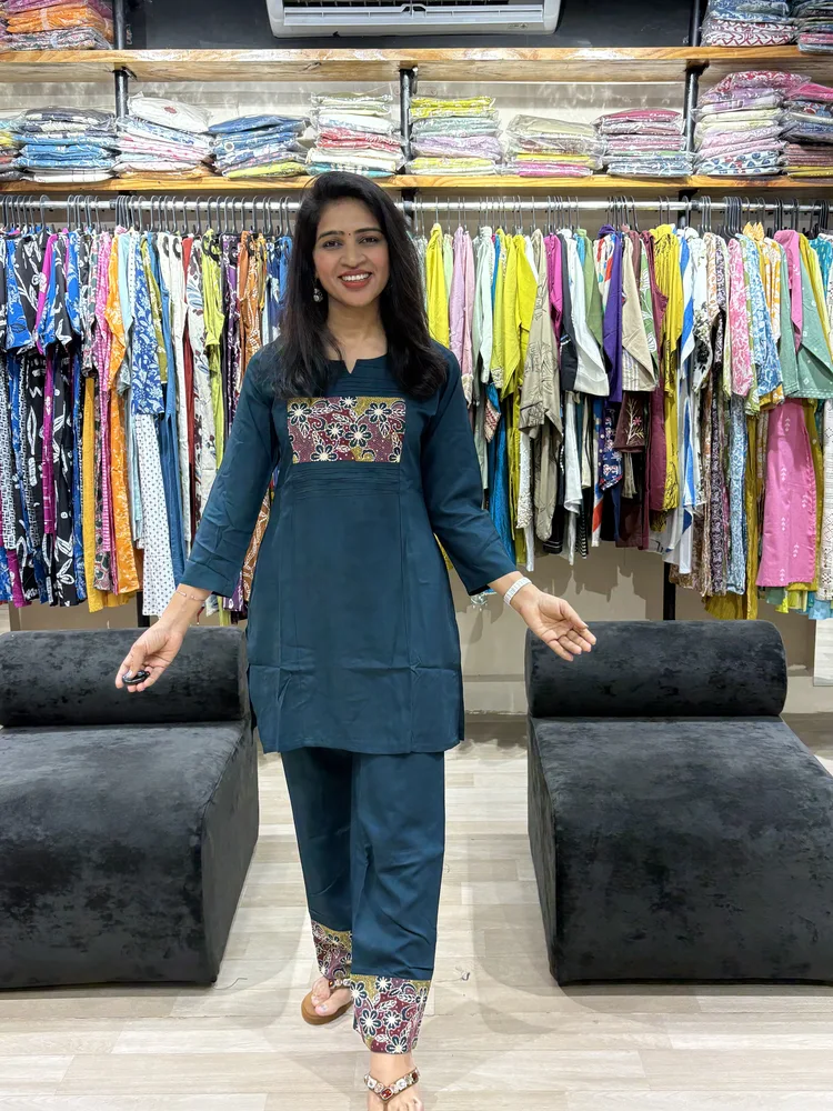 Teal Blue Embroidered Yoke Kurta Pant Set - Image 2