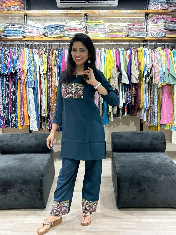 Teal Blue Embroidered Yoke Kurta Pant Set - Image 3