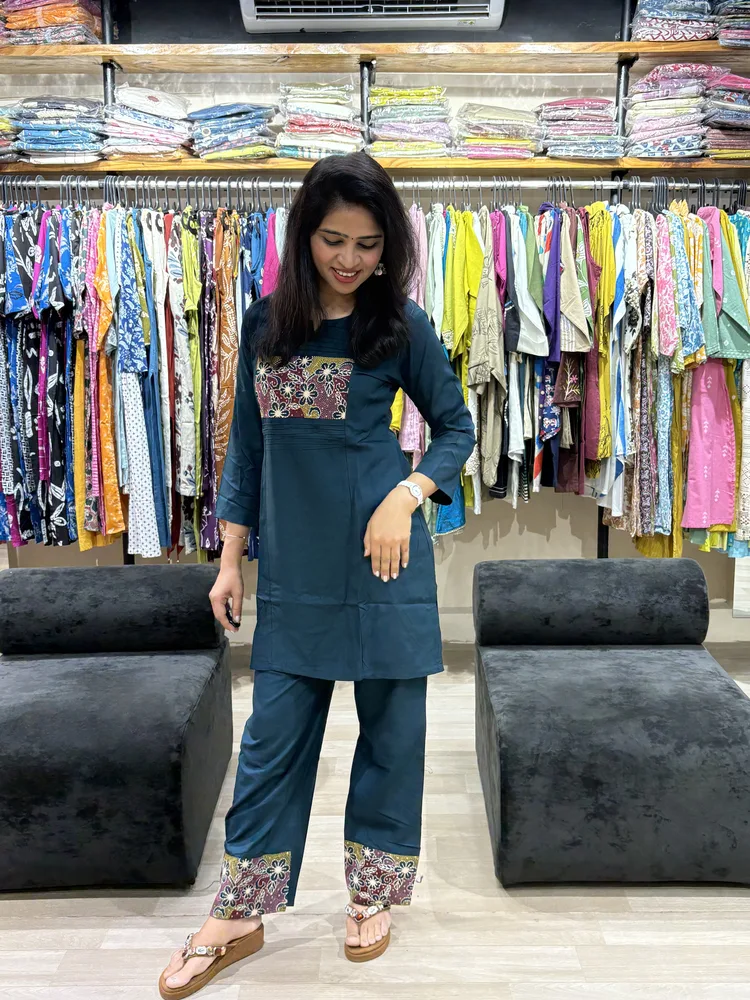 Teal Blue Embroidered Yoke Kurta Pant Set - Image 4