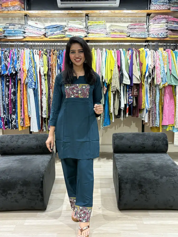 Teal Blue Embroidered Yoke Kurta Pant Set - Image 5