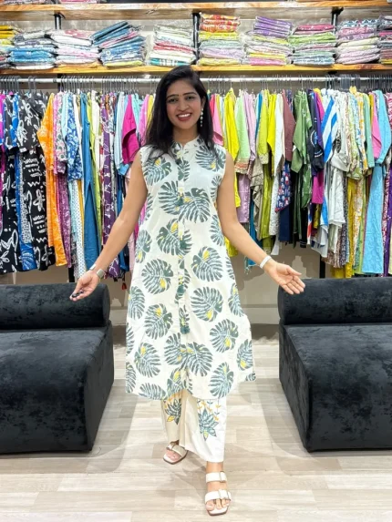 Tropical Leaf Print Cotton Pair Set