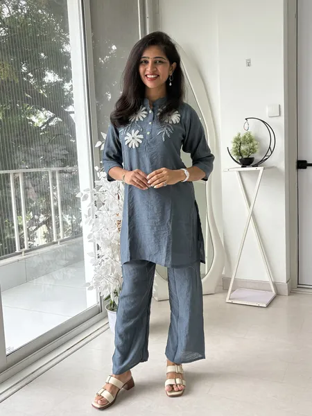 Grey Floral Embroidered Festive Cordset